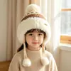Chapéu de inverno infantil com abas para as orelhas, chapéu de lã tricotado forrado com fleece e espessado para meninas, design fofo com pompom, chapéu à prova de vento e quente para bebês