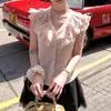 2026 Doce Verão Rosa Manga Curta Novo Emagrecedor Folha de Lótus Design de Camisa Top Curto Bolinhas Francesas