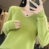 Suéter de punto de alta gama para mujer con cuello en V y manga larga, top de punto sin costuras para primavera y otoño, adelgazante y versátil, adecuado para ir al trabajo, estilo casual y relajado