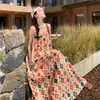 Vestido de Verão Dopamina Colorido Estampado Estilo Boêmio com Gola Uma Linha Sem Mangas de Suspensório Soltinho para Mulheres