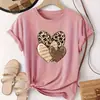 Camiseta Estampada de Leopardo y Corazones, Top Casual de Manga Corta con Cuello Redondo para Primavera y Verano, Camiseta de Mujer con Cuello Redondo y 3 Corazones
