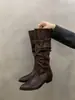 Botas Apontadas com Salto Escondido e Salto Bloco para Mulheres 2025 Primavera e Outono Novo Estilo Botas de Cowboy Ocidentais para Pessoas Baixas Botas de Equitação Botas Longas