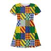 Europeo y Americano Verano Nuevo Estilo Lazo Cuadros Estampado Digital 3D Vestido de Manga Corta para Niñas Vestido Casual de Princesa
