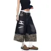 Pantalones Cortos de Mezclilla Desgastados con Parches Camuflados para Hombres y Mujeres, Verano Sueltos de Pierna Ancha Marca Trendy de la Calle Alta Americana Rogue Cool Pantalones de Siete Puntos de Longitud Media