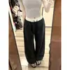 Calça Xadrez Retrô Azul Marinho para Mulheres, Verão 2026, Estilo Fino, Petite, Cintura Patchwork, Calça Wide-Leg, Calça Casual Reta Solta