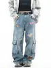 Calça Jeans Jeans com Estampa de Gatinho Retro Americano com Múltiplos Bolsos com Aba para Mulheres no Outono e Inverno Sexy Casual Efeito Emagrecedor Calça Longa