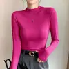 Camiseta de algodón acanalado de manga larga para mujer con cuello semi-alto, camiseta básica versátil para primavera y otoño, top moderno de estilo coreano ajustado