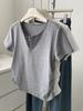 Camiseta Corta Elegante Coreana para Mujer de Manga Corta, Cuello en V Colorido, Cintura Estrecha, Adelgazante, Versátil, Cintura Plisada, Verano Nuevo, Transfronterizo