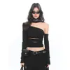 Camisa de Camadas Preta Retro Americana Hot Girl com Fenda e Parte Interna Vazada Sexy com Gola Assimétrica Ombro a Ombro Afinando a Cintura Top para Mulheres