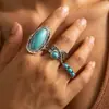 Anillo de nudillos ovalado estilo vaquero western vintage transfronterizo con incrustaciones de turquesa, anillo estilo bohemio artístico nostálgico