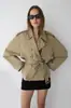 Popular gabardina corta transfronteriza europea y americana para mujer, de doble botonadura, entallada a la cintura, con cinturón de corbata, estilo británico, chaqueta elegante para mujeres menudas