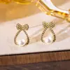 Pendientes de Botón con Lazo y Perlas, Moda Estilo Coreano, Pendientes de Diseño Dulce y Lujo Ligero, Pendientes Pequeños, Exquisitos y Versátiles