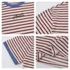 Cuello de Color Contrastante, Rayas Finas, Estampado de Letras, Camiseta de Manga Corta para Hombre, Nuevo Estilo Primavera y Verano, Juvenil y Energético, Top Holgado Casual para Mujer