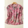 Camisa Estampada de Algodão e Linho com Carcela Diagonal, Gola Alta Botão Estilo Chinês, Manga Curta, Top Elegante