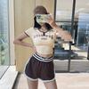 Crop Top de Verano Nuevo 2026 con Estampado Retro y Bloques de Color de Manga Corta, Camiseta de Verano para Mujer con Dobladillo Dividido y Cuello Redondo