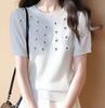 Playera de Flores Tridimensionales para Mujer 2025 Nuevo Estilo Coreano Blanco Tejido Manga Corta Top Elegante Estilo Europeo Estilo Extranjero Pequeña Fragancia