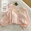 Pijama de encaje con cuello redondo para mujer, primavera y otoño, manga larga, pantalón largo, con almohadillas en el pecho, rosa, dulce conjunto para casa, venta al por mayor transfronteriza