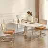 Mesa de comedor de losa de roca estilo crema para apartamento pequeño mesa y sillas de comedor acrílicas suspendidas mesa de comedor de isla ovalada semicircular