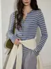 Suéter de punto a rayas color block retro con cuello en V y manga larga para mujer, primavera/otoño, estilo preppy, cárdigan sofisticado y adelgazante 10817