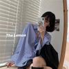 2026 Principios de Otoño Nueva Camisa Rayada Coreana Dongdaemun para Mujer Top de Manga Larga Holgado Versátil para Superponer Camisa Azul