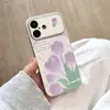 Capa Roxa Tulipa para Celular Apple 17 Iphone18Promax Cobertura Total 16Pro Textura de Couro Anti-Queda