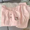 Yunduo Algodão Pijama Novo para Mulheres Primavera e Outono Manga Longa Doce Desenho Animado Gola Redonda Pulôver Estilo Fino Pode Ser Usado Fora de Casa Conjunto de Roupas