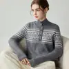Suéter de cashmere espesso de sete agulhas para mulheres, blusa de base gola alta meia-manga com design jacquard Fair Isle, camada interna de manga longa