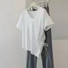 Camiseta de Manga Corta para Mujer Talla Grande con Cuello en V, Diseño Irregular, Cordón, Fruncido, Nuevo Estilo de Verano, Top Básico Sencillo