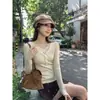 Camiseta básica de punto con cuello en V y encaje de estilo francés para mujer, corte ajustado y cálida, adecuada para primavera y otoño