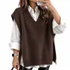 Colete de malha feminino ins coreano solto versátil retrô gola V preguiçoso nicho design de fenda lateral senso de design top feminino