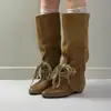 Encontro Primeira Vez Temporada 2026 Outono Inverno Botas Largas Achatadas Acima do Joelho para Mulheres, Moda Estilo Wasteland com Cadarço Salto Baixo Botas Longas
