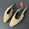 2026 Verão Sapatos Rasos Amassados Sem Costas Femininos Superfície Fosca Bico Quadrado Tira no Tornozelo Tamanho Grande Sapatos Individuais Comércio Exterior Atacado Transfronteiriço