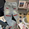 Calça Jeans Bordada com Letras Estilo Retrô Americano para Homens, Nova Coleção Primavera, Corte Reto Largo Tendência Versátil Calça Dad Wide-Leg