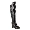 Botas de Couro Femininas Outono e Inverno Tamanho 34-48, Bico Fino, Salto Ultra Alto, Slip-On Leve, Salto Grosso, Cor Sólida, Botas de Cano Alto Versáteis