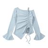 Camiseta Estilo Desejo Puro Ombro Caído com Cordão Manga Sino para Mulheres, Top Camiseta Básica Ombro Caído Ajuste Slim Irregular