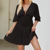 Blusa de protección solar transfronteriza para vacaciones europeas y americanas en AliExpress, color liso, cintura fruncida con cordón, falda de blusa de bikini transparente