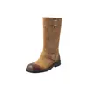 Botas Western de Color Desgastado Retro con Punta Redonda y Tacón Grueso Hebilla de Cinturón Botas de Motocicleta Versátiles de Tacón Medio Hasta la Mitad de la Pantorrilla para Mujer