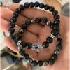 Pulsera para Hombre de Piedra Volcánica Negra Nueva Transfronteriza con Hematita Negra Esmerilada, Traje de Pulsera Elástica de Calavera Microincrustada, Joyería