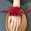 Ramillete de Rosa Roja China Decoración para Boda de Novio y Novia Hortensia Flores Secas con Accesorios Festivos para Ceremonia de Boda