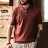 Nova Camisa de Malha Masculina com Gola Henley de Manga Curta em Seda de Gelo Lyocell Estilo Old Money, Top Versátil da Moda Outono para Homens