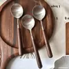 Mango de Madera de Nogal Imitación Cuchara Redonda de Alto Valor para el Hogar Acero Inoxidable Cuchara Redonda Pequeña Cuchara para Postres Occidentales Cuchara para Comer Cuchara de Sopa Grande