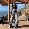 Pantalones Vaqueros de Pierna Ancha hasta el Suelo Estilo Perezoso de Mujer 2025 Artesanía Pesada Chic Vintage Pantalones Largos de Mujer Extra Largos Azul Vintage