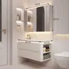 Gabinete Lateral Inteligente Combinado de Madera Maciza Estilo Crema de Lujo Ligero Gabinete de Baño con Lavabo Cerámico Integrado