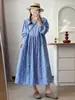 Vestido Longo Bordado de Algodão Xadrez Artístico Estilo Floresta de Outono Início Gola Redonda Solto para Meninas Plus Size Doce Saia Longa em Linha A