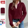 Moda Europea y Americana Transfronteriza Otoño/Invierno 2026 Nuevo Suéter de Encaje con Cuello en V Color Sólido Holgado de Manga Larga Ropa de Punto para Mujer