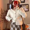 Otoño e Invierno nuevo estilo coreano manga con volantes cuello redondo suéter exterior para mujer dulce cárdigan de punto con cuentas top prenda exterior de moda