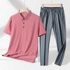 Traje informal ligero de lujo de verano de alta gama para hombre, camisa polo de seda de hielo sin marcas, pantalones deportivos de seda de hielo para hombre de mediana edad, conjunto de dos piezas