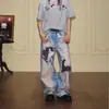 Jeans Vintage Lavados de Marca de Moda Transfronteriza, Resistentes, Estampado Falso Desgastado para Hombre, Jeans Rectos Geniales de Calle para Hombre