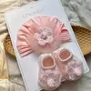 Conjunto de Chapéu e Meias para Bebê Menina, Chapéu de Tricô com Coroa Floral, Chapéu com Proteção para Moleira de Recém-Nascido, Chapéu Indiano