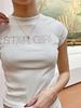 Verano Simple Ins Letra Pedrería Moda Corto Ajustado Crop Top Cuello Redondo Manga Corta Versátil Camiseta Ropa de Mujer